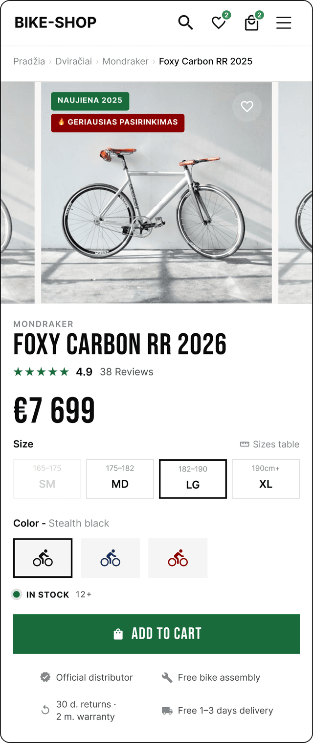 Optimized product page: visible price, prominent CTA, reviews, tappable swatches, benefit-focused copy